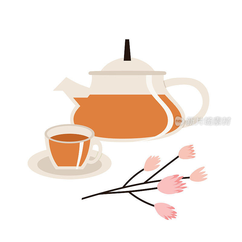 Vector illustration of the glass teapot, a glass cup of tea, and a branch of flowers isolated on white background.